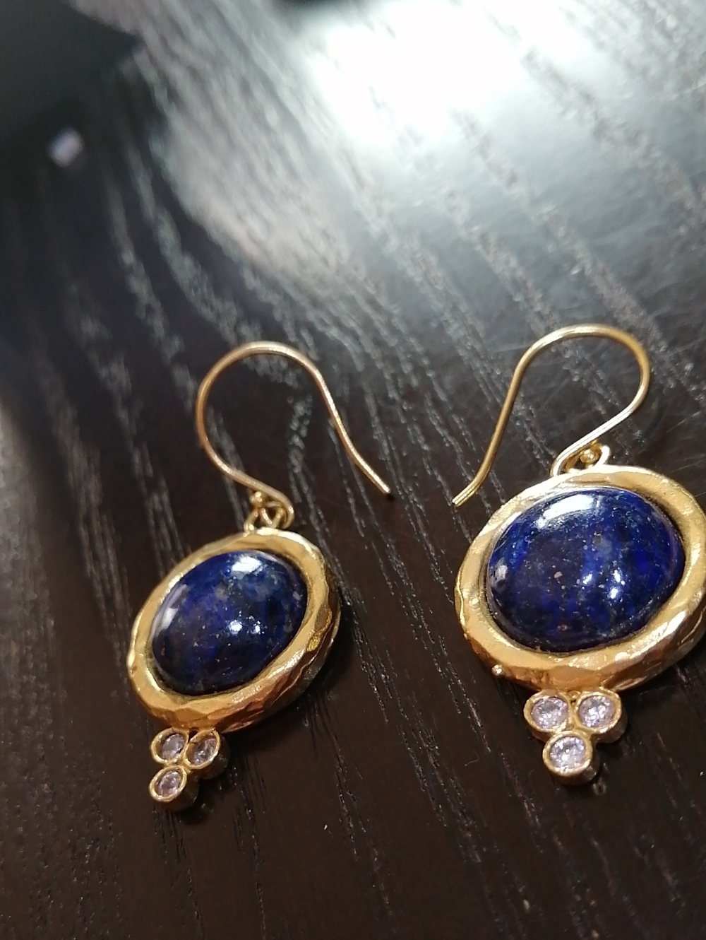 Designer's Earrings by ISRAEL YAM Lapis Lazuli Gold Plated Drop Crystal Accents